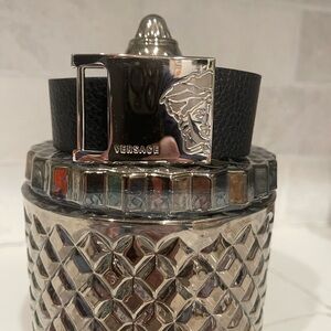 Vintage Versace Black Leather Wrap Bracelet with Silver Medusa Buckle